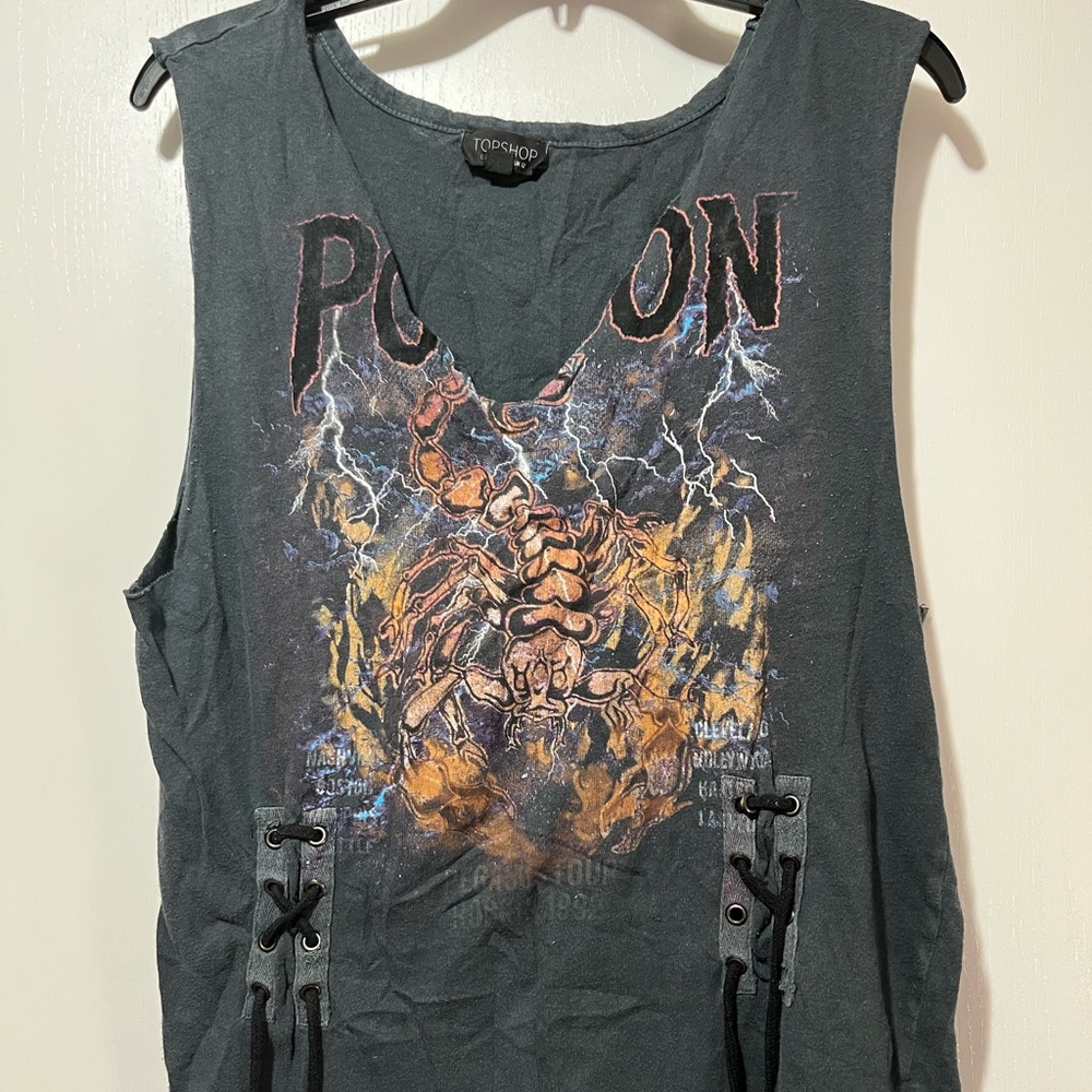 Topshop Poison Rock Band Tank Top Size 8 Women's V Neck Black Cutoff Graphic Dis